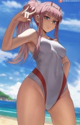 Rule 34 | 1girl, animal ears, breasts, darling in the franxx, detached collar, fake animal ears, highres, leotard, red leotard, riding crop, solo, straight hair, thighs, tongue, tongue out, wrist cuffs, zero two (darling in the franxx)