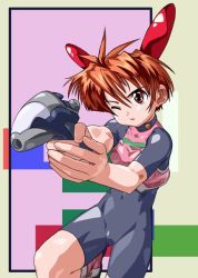 Rule 34 | 1girl, aiming, antenna hair, bodysuit, boots, breasts, brown hair, covered navel, energy gun, fighting stance, foreshortening, gun, hair between eyes, hairpods, one eye closed, orange hair, outstretched arm, parted lips, ray gun, red eyes, satou toshiyuki, short hair, small breasts, solo, spandex, turtleneck, unitard, vest, weapon
