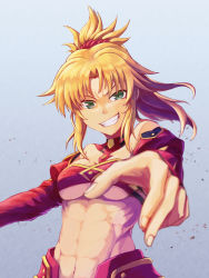 Rule 34 | 1girl, abs, bare shoulders, blonde hair, blue background, breasts, fate/grand order, fate (series), green eyes, highres, juunishi aya, medium breasts, mordred (fate), mordred (fate/apocrypha), navel, outstretched hand, ponytail, red scrunchie, scrunchie, shrug (clothing), smile, smirk, solo, underboob