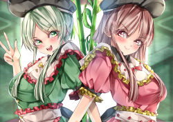 Rule 34 | 2girls, absurdres, bamboo, black headwear, blush, breasts, brown hair, closed mouth, commentary request, dress, frilled shirt collar, frilled sleeves, frills, green dress, green eyes, green hair, green nails, hat, highres, leaf, long hair, looking at viewer, mahoro (minase mahoro), medium breasts, multiple girls, nail polish, nishida satono, open mouth, pink dress, pink eyes, puffy short sleeves, puffy sleeves, short sleeves, shoulder-to-shoulder, smile, tate eboshi, teeth, teireida mai, touhou, upper body, upper teeth only, v-shaped eyebrows