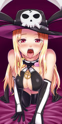Rule 34 | 10s, 1girl, all fours, bare shoulders, black gloves, black hat, black thighhighs, blonde hair, blush, breasts, cleavage, covered erect nipples, elbow gloves, eyeshadow, gloves, hat, jewelry, large breasts, long hair, looking at viewer, makeup, mole, mole under mouth, momiji mikan, necklace, no uvula, on bed, open mouth, oral invitation, red eyes, senran kagura, senran kagura shinovi versus, shiki (senran kagura), skull, solo, thighhighs, tongue, tongue out