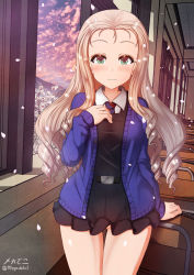 Rule 34 | 1girl, bc freedom school uniform, blonde hair, blush, breasts, cherry blossoms, classroom, closed mouth, cloud, cloudy sky, drill hair, girls und panzer, green eyes, highres, indoors, long hair, looking at viewer, marie (girls und panzer), megadeko, microskirt, no panties, school uniform, skirt, sky, small breasts, smile, solo, standing