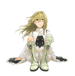 Rule 34 | 1girl, blonde hair, bloomers, boots, braid, cross-laced footwear, female focus, gloves, kirisame marisa, lace-up boots, mikado-robo, sitting, solo, touhou, underwear, yellow eyes