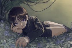Rule 34 | 1boy, absurdres, bare legs, brown eyes, brown hair, child, clover, commentary, gakuran, hair between eyes, hands on own cheeks, hands on own face, highres, long sleeves, looking at viewer, male focus, ngron027, original, outdoors, school uniform, short shorts, shorts