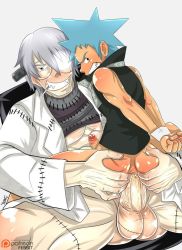 Rule 34 | 2boys, age difference, anal, ass juice, black star, blue hair, bottomless, clenched teeth, dark skin, doctor, evil grin, evil smile, ferbit, foreskin, franken stein (soul eater), glasses, grey eyes, grey hair, grin, large penis, looking away, male penetrated, multiple boys, penis, rape, restrained, sex, size difference, smile, soul eater, teeth, testicles, yaoi