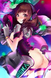 Rule 34 | 1girl, acronym, adapted costume, anus, arched back, armor, ass, bodysuit, boots, bracer, breasts, brown eyes, brown hair, blowing bubbles, chewing gum, cowboy shot, cube, d.va (overwatch), eyebrows, facepaint, facial mark, from behind, gloves, gun, hand up, handgun, headphones, heart, heart-shaped pupils, highres, holding, holding gun, holding weapon, hologram, legs apart, long hair, long sleeves, looking at viewer, looking back, mecha, meka (overwatch), nipples, overwatch, overwatch 1, pauldrons, pilot suit, pussy, ribbed bodysuit, robot, shoulder armor, shoulder pads, sideboob, skin tight, sky, solo, space, squchan, star (sky), starry sky, sweat, symbol-shaped pupils, thigh boots, thigh strap, thighhighs, turtleneck, uncensored, weapon, whisker markings, white footwear, white gloves