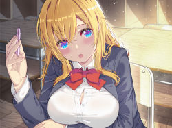 Rule 34 | 1girl, absurdres, black jacket, blonde hair, blue eyes, blush, breasts, bursting breasts, chair, classroom, cleavage, collared shirt, desk, hair between eyes, haruken, highres, holding, holding pen, huge filesize, indoors, jacket, large breasts, looking at viewer, non-web source, open clothes, open mouth, open shirt, original, pen, red eyes, school chair, school desk, school uniform, shirt, sitting, solo, white shirt, wooden floor