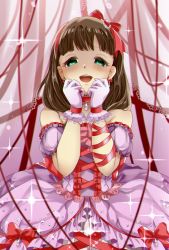 Rule 34 | 1girl, artist request, bare shoulders, blush, bow, brown hair, dress, earrings, gloves, green eyes, hairband, heart, heart earrings, idolmaster, idolmaster cinderella girls, jewelry, looking at viewer, open mouth, puffy short sleeves, puffy sleeves, red ribbon, ribbon, sakuma mayu, short hair, short sleeves, smile, solo, white gloves