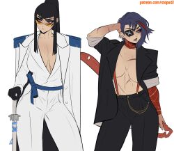 2girls black_hair blue_eyes breasts cleavage highres jacket jacket_on_shoulders katana kill_la_kill kiryuuin_satsuki long_hair matoi_ryuuko multicolored_hair multiple_girls red_hair scar scissor_blade_(kill_la_kill) short_hair siblings sisters stopu sunglasses sword two-tone_hair weapon white_background