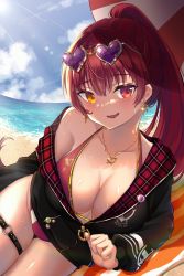 Rule 34 | 1girl, beach towel, beimu, bikini, black jacket, breasts, cleavage, commentary, earrings, eyewear on headwear, heart, heart-shaped eyewear, heart earrings, heart necklace, heterochromia, highres, hololive, houshou marine, houshou marine (summer), jacket, jewelry, large breasts, long hair, necklace, no headwear, official alternate costume, official alternate hairstyle, open mouth, red bikini, red eyes, red hair, smile, solo, swimsuit, towel, virtual youtuber