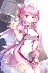 Rule 34 | 1girl, absurdres, blush, breasts, clipboard, dragonmaid (yu-gi-oh!), duel monster, fang, garter straps, hair ornament, hairclip, highres, holding, holding clipboard, holding thermometer, kanzakietc, large breasts, liquid-in-glass thermometer, long hair, looking at viewer, maid, nurse dragonmaid, open mouth, purple eyes, purple hair, smile, solo, teeth, thermometer, thighhighs, upper teeth only, very long hair, white thighhighs, yu-gi-oh!