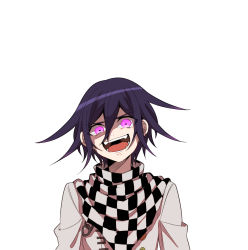 Rule 34 | 1boy, buttons, checkered clothes, checkered scarf, commentary request, danganronpa (series), danganronpa v3: killing harmony, double-breasted, evil smile, fangs, grey jacket, hair between eyes, highres, jacket, kitsunebi v3kokonn, looking at viewer, male focus, messy hair, open mouth, oma kokichi, pink eyes, purple eyes, purple hair, scarf, simple background, smile, solo, straitjacket, upper body, white background