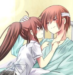 Rule 34 | 1boy, 1girl, brother and sister, brown hair, gradient background, hospital gown, little busters!, long hair, nashihako, natsume kyousuke, natsume rin, ponytail, red eyes, school uniform, short hair, siblings