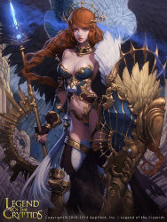 Rule 34 | 1girl, armor, bikini armor, braid, breasts, brown hair, cglange, cleavage, copyright name, dated, feathered wings, fingerless gloves, gloves, grey eyes, headgear, highres, large breasts, legend of the cryptids, lips, long hair, looking at viewer, navel, shield, solo, staff, standing, thighhighs, wind, wings