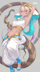 Rule 34 | 1girl, bare shoulders, blonde hair, blue footwear, bracelet, commentary request, crop top, don3, harem pants, highres, jewelry, kemono friends, kemono friends 3, king cobra (kemono friends), long hair, looking at viewer, midriff, multicolored hair, navel, official alternate costume, pants, purple hair, sandals, shirt, sleeveless, snake, snake tail, solo, tail, white pants, white shirt, white veil, yellow eyes