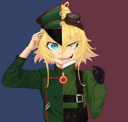Rule 34 | 1girl, black gloves, blonde hair, blue background, blue eyes, constricted pupils, evil smile, gloves, goggles, goggles on head, hat, highres, long sleeves, looking at viewer, military, military uniform, ponytail, purple background, ranox, sidelocks, smile, solo, tanya degurechaff, teeth, two-tone background, uniform, yellow eyes, youjo senki