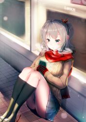 Rule 34 | 10s, 1girl, alternate costume, black socks, blue eyes, cellphone, gloves, highres, holding, holding phone, jacket, kantai collection, kashima (kancolle), lawson, long sleeves, p answer, panties, pantyshot, phone, pleated skirt, red gloves, red scarf, scarf, sidelocks, silver hair, sitting, skirt, smartphone, smile, socks, solo, sweater, underwear, wavy hair, white panties, window