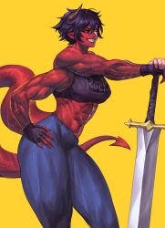 Rule 34 | 1509virgoart, commission, commissioner upload, demon girl, demon horns, demon tail, extra arms, extra pupils, ezma, fingerless gloves, gloves, highres, horns, mismatched pupils, mismatched sclera, multiple scars, muscular, muscular female, original, scar, sword, tail, weapon