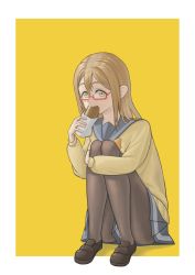 Rule 34 | 1girl, absurdres, artist name, artist request, black footwear, black pantyhose, blush, bow, bowtie, bread, breasts, brown eyes, brown hair, buttons, cardigan, collarbone, eyebrows, female focus, food, full body, glasses, grey sailor collar, grey skirt, hair between eyes, hand on own knee, highres, holding, holding food, knees up, kunikida hanamaru, layered skirt, light brown hair, long hair, long sleeves, looking at viewer, love live!, love live! sunshine!!, miniskirt, orange bow, pantyhose, parted lips, plaid, plaid skirt, pleated, pleated skirt, sailor collar, school uniform, semi-rimless eyewear, shoes, sitting, skirt, sleeves past wrists, small breasts, smile, solo, sweater, uranohoshi school uniform, white background, yellow background, yellow cardigan, yellow eyes, yellow sweater