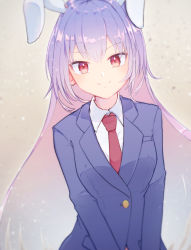 Rule 34 | 1girl, animal ears, aoi (annbi), blazer, blouse, blue jacket, blush, breasts, buttons, collared shirt, commentary request, gradient hair, grey hair, highres, jacket, light particles, light purple hair, long hair, long sleeves, looking at viewer, multicolored hair, necktie, pocket, rabbit ears, red eyes, red necktie, reisen udongein inaba, shirt, sidelocks, smile, solo, touhou, upper body, v-shaped eyebrows, v arms, very long hair, white shirt, wing collar