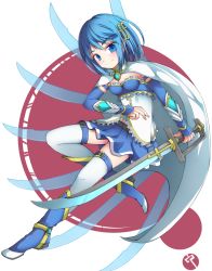 Rule 34 | 10s, 1girl, belt, blue eyes, blue hair, blue skirt, boots, breasts, cape, cleavage, fortissimo, hair ornament, highres, looking at viewer, magical girl, mahou shoujo madoka magica, mahou shoujo madoka magica (anime), matching hair/eyes, miki sayaka, musical note, musical note hair ornament, short hair, skirt, small breasts, smile, solo, sword, thighhighs, uumaru1869, weapon, white thighhighs