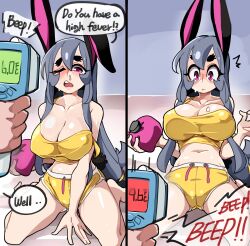 Rule 34 | 1girl, absurdres, animal ears, bongfill, breasts, cleavage, collarbone, covered erect nipples, disembodied hand, grey hair, highres, large breasts, long hair, micro shorts, one eye closed, open mouth, original, purple eyes, rabbit ears, rabbit girl, rabbit tail, shorts, tail, tank (bongfill), teeth, upper teeth only, yellow shorts
