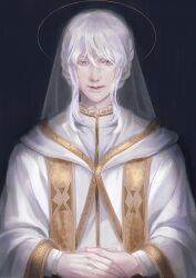 Rule 34 | 1boy, absurdres, black background, gold trim, grey eyes, halo, highres, long hair, long sleeves, looking at viewer, lotus (miya1224), male focus, original, robe, solo, stole, upper body, veil, vestments, white hair, white robe