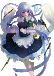 Rule 34 | 1girl, apron, bad id, bad pixiv id, blue eyes, blurry, braid, bug, butterfly, hair ribbon, hao pi you mao, heterochromia, bug, izayoi sakuya, jewelry, knife, long hair, looking away, maid, maid apron, maid headdress, necklace, open mouth, pocket watch, puffy sleeves, red eyes, ribbon, shirt, short sleeves, silver hair, simple background, skirt, skirt set, smile, solo, touhou, tress ribbon, twin braids, vest, waist apron, watch, white background, white legwear, wrist cuffs