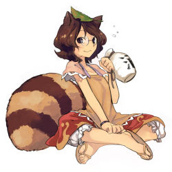 Rule 34 | 1girl, animal ears, bloomers, bracelet, brown eyes, brown hair, drunk, female focus, futatsuiwa mamizou, glasses, indian style, jewelry, leaf, leaf on head, nakatani, object on head, pince-nez, raccoon ears, raccoon tail, sandals, simple background, sitting, skirt, solo, tail, touhou, underwear, white background, wristband