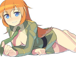 Rule 34 | 00s, 1girl, barefoot, blue eyes, bottomless, breasts, charlotte e. yeager, cleavage, grin, itsumo nokoru, long hair, lying, medium breasts, necktie, orange hair, smile, solo, strike witches, world witches series