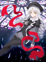 Rule 34 | 1girl, caren hortensia, fate/hollow ataraxia, fate (series), hat, highres, kakan (amka), layered sleeves, long hair, pantyhose, scarf, solo, stained glass, thighhighs, thighhighs over pantyhose, white hair, yellow eyes