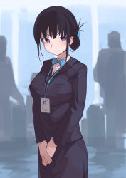 Rule 34 | 1girl, absurdres, black hair, black suit, blue bow, blue eyes, blue neckwear, blurry, blurry background, bow, bowtie, hair bow, highres, id card, indoors, lanyard, looking at viewer, office lady, original, own hands together, painnico, pencil skirt, short hair, skirt, solo focus, standing, suit