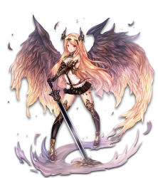Rule 34 | 10s, 1girl, armor, bare shoulders, beads, belt, black feathers, black wings, blonde hair, boots, choker, corset, dark angel olivia, expressionless, feathers, full body, gauntlets, granblue fantasy, highres, horns, jewelry, long hair, multicolored wings, red eyes, shingeki no bahamut, solo, standing, sword, thigh boots, thighhighs, untue, very long hair, weapon, wings, yellow wings, zettai ryouiki