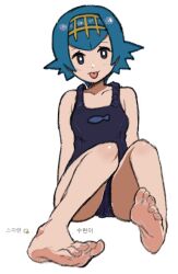 Rule 34 | 1girl, bare legs, barefoot, black eyes, black one-piece swimsuit, blue hair, blush, bright pupils, closed mouth, collarbone, commentary, creatures (company), feet, full body, game freak, gigobyte350, hairband, knees, lana (pokemon), nintendo, no sclera, one-piece swimsuit, pokemon, pokemon sm, short hair, sitting, smile, solo, swimsuit, toes, tongue, tongue out, white background, white pupils, yellow hairband
