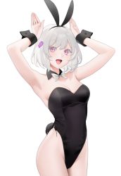 Rule 34 | 1girl, :d, albino, animal ears, armpits, arms up, bare shoulders, black bow, black bowtie, black leotard, black wrist cuffs, blush, bow, bowtie, breasts, buttons, collar, cowboy shot, detached collar, fish hair ornament, groin, hair between eyes, hair ornament, highleg, highleg leotard, highres, leotard, looking at viewer, medium breasts, nacchan (ohisashiburi), ohisashiburi, open mouth, original, pink eyes, playboy bunny, rabbit ears, rabbit tail, short hair, side-tie leotard, simple background, smile, solo, strapless, strapless leotard, tail, white background, white bow, white bowtie, wrist cuffs