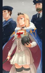 Rule 34 | 1girl, 2boys, beard, black neckwear, blonde hair, blue cape, blue eyes, braid, brown hair, cape, commentary request, corset, crown, dress, facial hair, flower, french braid, fur-trimmed cape, fur trim, globus cruciger, hat, jewelry, kantai collection, long hair, long sleeves, mini crown, multiple boys, necklace, off-shoulder dress, off shoulder, red flower, red ribbon, red rose, ribbon, rose, sailor, sailor hat, scepter, standing, thighhighs, warspite (kancolle), weidashming, white dress, white thighhighs