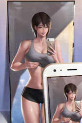 Rule 34 | 1girl, absurdres, bad id, bad pixiv id, bare shoulders, breast hold, breast lift, breasts, brown hair, cellphone, chromatic aberration, cleavage, collarbone, commentary request, eyebrows, eyelashes, female focus, grin, highres, holding, holding phone, indoors, kidmo, large breasts, legs, legs together, linea alba, lips, looking at phone, mirror, navel, nose, original, phone, recursion, reflection, selfie, shiny skin, short hair, short shorts, shorts, sideboob, smartphone, smile, solo, sports bra, standing, stomach, taking picture, teeth, thighs