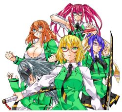 Rule 34 | 5girls, blonde hair, blue eyes, breasts, cleavage, clenched hand, clenched teeth, covering own mouth, dragons rioting, glasses, green eyes, green jacket, hair ribbon, iyo (dragons rioting), jacket, jewelry, large breasts, megu (dragons rioting), multiple girls, necktie, nunchaku, official art, orange hair, pink hair, purple eyes, purple hair, ribbon, ring, rino (dragons rioting), ryoko (dragons rioting), school uniform, semi-rimless eyewear, short hair, shu (dragons rioting), silver hair, sword, teeth, weapon, yellow eyes