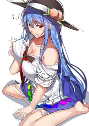 Rule 34 | 1girl, absurdres, alternate breast size, barefoot, black hat, blue hair, blue skirt, blush, breast lift, breasts, cleavage, closed mouth, collarbone, covered erect nipples, food, frilled skirt, frills, fruit, hat, highres, hinanawi tenshi, large breasts, leaf, lifted by self, long hair, looking at viewer, musical note, naughty face, neropaso, off shoulder, peach, quaver, rainbow order, red eyes, shirt, short sleeves, sitting, sketch, skirt, smile, solo, touhou, very long hair, wariza, white background, white shirt