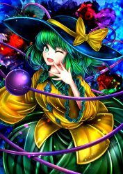 Rule 34 | 1girl, ;d, black hat, breasts, commentary request, cowboy shot, eyeball, frilled shirt collar, frilled sleeves, frills, green eyes, green hair, green skirt, hat, hat ribbon, heart, highres, komeiji koishi, long sleeves, looking at viewer, medium breasts, multicolored background, neko denchi, one eye closed, open mouth, ribbon, shirt, short hair, skirt, smile, solo, string, third eye, touhou, wide sleeves, wing collar, yellow ribbon, yellow shirt
