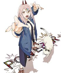 Rule 34 | 1girl, animal ears, black necktie, blue jacket, cat, chainsaw man, character name, coat, cross-shaped pupils, gao, hair ornament, hairclip, highres, horns, jacket, long hair, looking at viewer, meowy (chainsaw man), nail polish, necktie, open mouth, pink hair, power (chainsaw man), red horns, sensui n2, sharp teeth, shoes, shorts, simple background, sneakers, solo focus, symbol-shaped pupils, teeth, white background, white cat