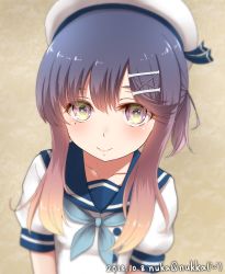 Rule 34 | 1girl, aqua neckerchief, beret, blush, closed mouth, hair between eyes, hat, highres, kantai collection, long hair, looking at viewer, multicolored hair, neckerchief, nuka (nvkka), one-hour drawing challenge, pink hair, purple eyes, sailor collar, sailor hat, school uniform, short sleeves, smile, solo, tsushima (kancolle), twitter username, wakaba (kancolle)
