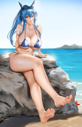 Rule 34 | 1girl, bare legs, bare shoulders, barefoot, beach, bikini, blue bikini, blue eyes, blue hair, breasts, cleavage, closed mouth, collarbone, curvy, day, easonx, feet, foot focus, full body, goddess of victory: nikke, hair ornament, helm (aqua marine) (nikke), helm (nikke), high ponytail, highres, large breasts, legs, looking at viewer, navel, ocean, outdoors, revision, rock, sitting, smile, soles, solo, spread toes, starfish, stomach, swimsuit, thighs, toenails, toes, water, wet