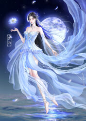 Rule 34 | 1girl, absurdres, anklet, artist request, bare legs, barefoot, black hair, blue dress, closed mouth, detached sleeves, dress, floating, floating object, flower, full body, full moon, glowing flower, highres, jewelry, long hair, lotus, moon, necklace, second-party source, solo, wanmei shijie, water, yue chan (wanmei shijie)