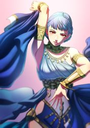 Rule 34 | 1girl, aduti momoyama, alternate costume, alternate eye color, arm up, armband, armpits, blue hair, braid, breasts, dancer, dancer (fire emblem: three houses), dancing, dress, fire emblem, fire emblem: three houses, highres, hip vent, jewelry, large breasts, looking at viewer, marianne von edmund, necklace, nintendo, red eyes, revealing clothes, short hair, single-shoulder dress, solo