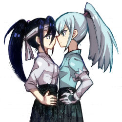Rule 34 | 147, 2girls, blue hair, breast press, breasts, character request, eye contact, face-to-face, gloves, hakama, hakama skirt, hands on own hips, inazuma eleven (game), inazuma eleven (series), inazuma eleven go, inazuma eleven go chrono stone, japanese clothes, long hair, looking at another, multiple girls, noses touching, ponytail, profile, simple background, skirt, standing, symmetrical docking, white background