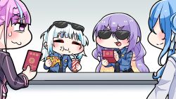 Rule 34 | black necktie, blue hair, colored inner hair, commentary request, cup, disposable cup, drinking straw, eating, food, food on face, gawr gura, gradient background, highres, holding, holding food, holding pizza, holding strap, hololive, hololive english, hololive indonesia, hoshimachi suisei, komainu channel, minato aqua, moona hoshinova, multicolored hair, necktie, nervous, one side up, orange hair, passport, pink eyes, pink hair, pizza, purple hair, security guard, streaked hair, sunglasses, sweatdrop, two-tone hair, two side up, v-shaped eyebrows, virtual youtuber, white hair