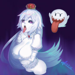 Rule 34 | 1girl, aura, black sclera, boo (mario), breast hold, breasts, choker, cleavage, colored sclera, colored skin, corset, cropped legs, crossed arms, crown, elbow gloves, eyelashes, frills, gem, ghost, gloves, highres, large breasts, long hair, long tongue, looking at viewer, luigi&#039;s mansion, mario (series), new super mario bros. u deluxe, nintendo, no panties, no pussy, open mouth, pale skin, princess king boo, puffy short sleeves, puffy sleeves, purple eyes, red eyes, short sleeves, solo focus, squidsmith, super crown, tongue, tongue out, very long hair, white gloves, white hair, white skin
