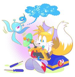 Rule 34 | 1boy, alien, blue eyes, drawloverlala, furry, furry male, gloves, highres, male focus, multiple tails, one-eyed, shoes, simple background, sneakers, sonic (series), sonic colors, tail, tails (sonic), two tails, white background, white gloves, wisp (sonic), yacker the wisp, yellow fur
