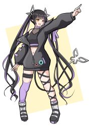 Rule 34 | 1girl, black footwear, black hair, black jacket, black ribbon, black shirt, blunt bangs, blush, boots, breasts, cleavage, commentary request, crop top, demon girl, demon horns, demon tail, full body, highres, horns, jacket, kojo anna, kojo anna (1st costume), leg ribbon, long hair, long sleeves, looking to the side, medium breasts, midriff, multicolored footwear, multicolored hair, nanashi inc., navel, off shoulder, open clothes, open jacket, open mouth, pointing, pointing up, pointy ears, purple hair, purple thighhighs, ribbon, robou no stone, see-through, see-through cleavage, see-through shirt, shirt, single thighhigh, sleeveless, sleeveless shirt, smile, solo, star (symbol), sugar lyric, tail, thigh strap, thighhighs, twintails, two-tone background, two-tone hair, very long hair, virtual youtuber, white background, white footwear, yellow background, yellow eyes, zipper
